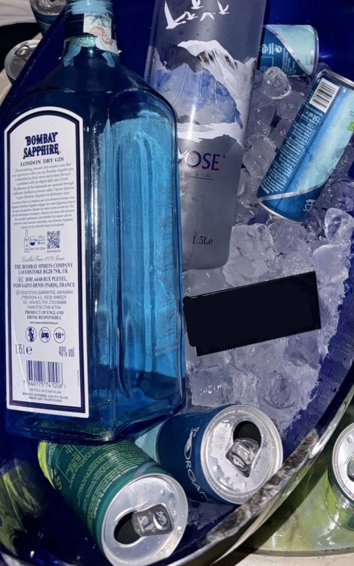 Grey Goose da 1,5 litri e Bombay Sapphire da 1,75 litri nel ghiaccio con i mixer